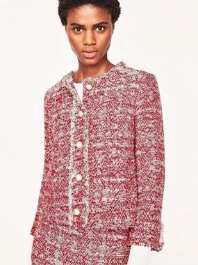 Zara Red Tweed Pearl-Button Jacket